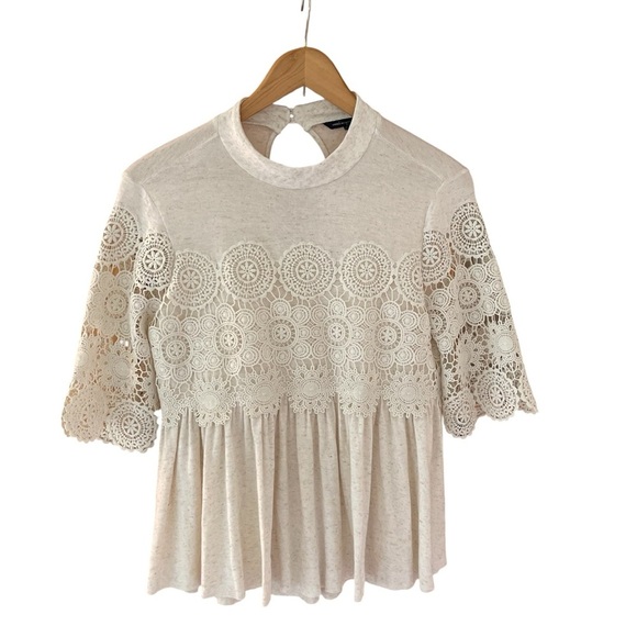 American Eagle Outfitters Tops - American Eagle Linen Blend Cottage Core Cream Crochet Overlay Keyhole Back Top